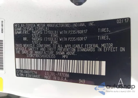 2017 Toyota Sienna Le 8 Passenger z USA, uszkodzony, nr VIN 5TDKZ3DC5HS826355
